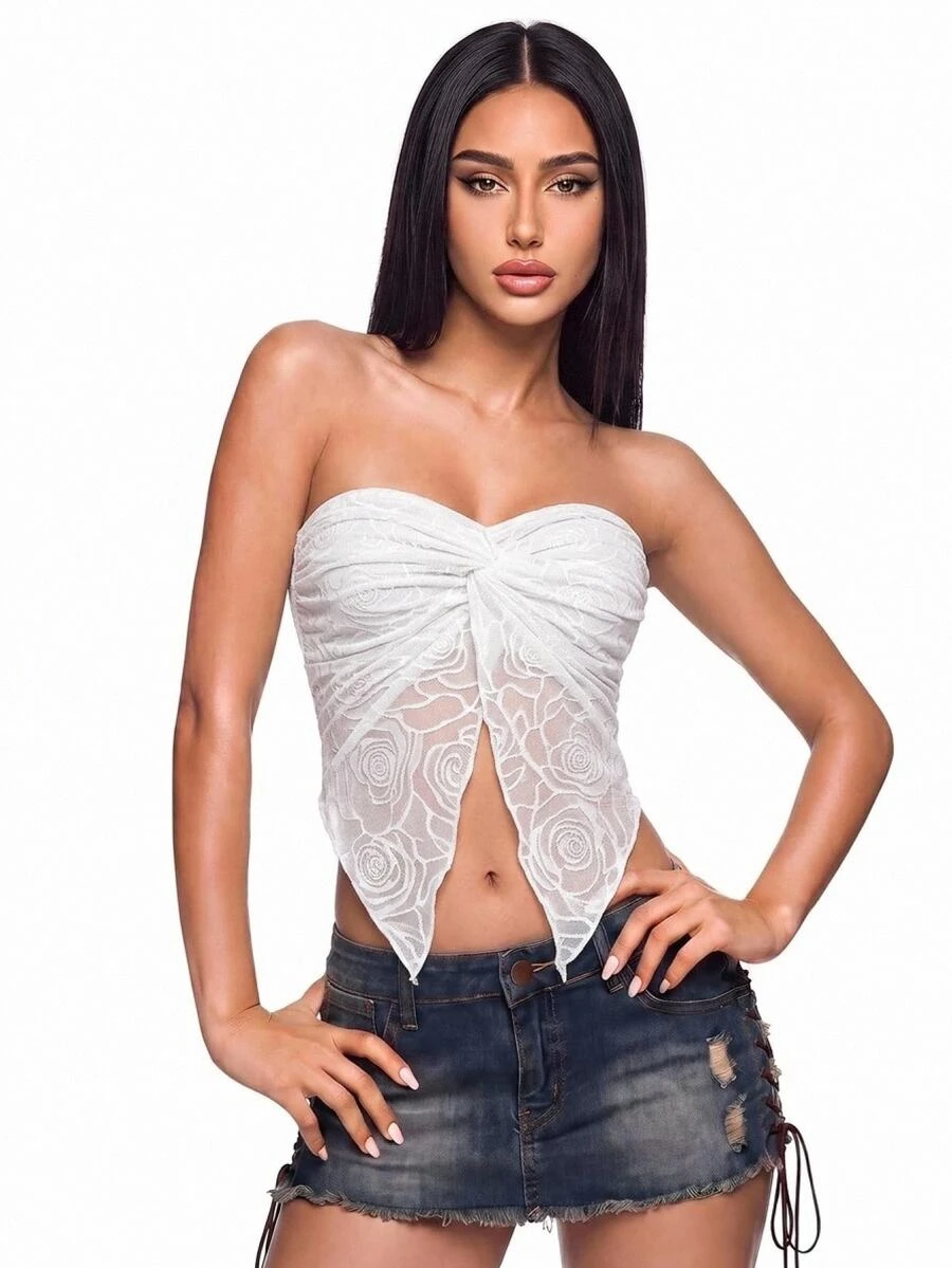 SHEIN ICON 春季扭結前開叉边无肩带白色上衣 - 白色 - 查看 1