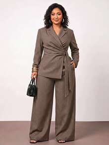 Truni Plus-Size Women's Fitted Belted Blazer, Suitable For Commuting - Khaki - View 6