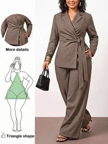 Truni Plus-Size Women's Fitted Belted Blazer, Suitable For Commuting - Khaki - View 1