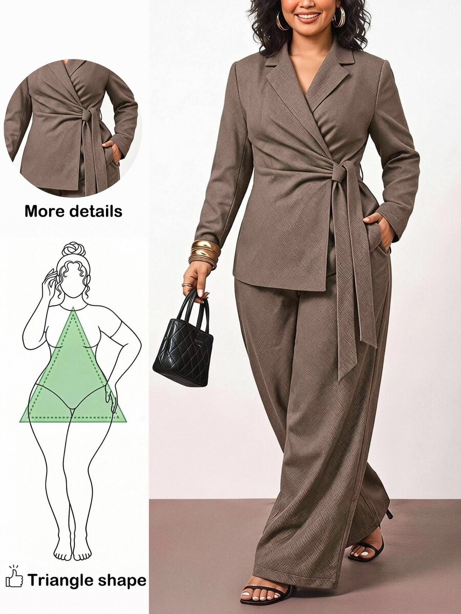 Truni Plus-Size Women's Fitted Belted Blazer, Suitable For Commuting - Khaki - View 1
