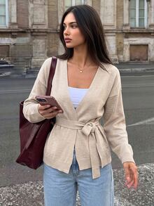 SHEIN Women's Soft Knit Wrap Cardigan With Belt – Long Sleeve Relaxed Fit Sweater - Beige - View 4