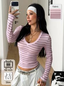 Coolane 女款條紋V領長袖修身休閒百搭T恤 - 粉色 - 查看 1