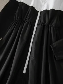 女童（大童）秋冬休閒通勤上學運動黑白拼色拼接連帽拉鍊防風長版外套 - 黑色 - 查看 8
