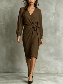 SHEIN Solid Surplice Neck Lantern Sleeve Wrap Hem Midi Dress - Dark Brown - View 4