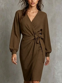 SHEIN Solid Surplice Neck Lantern Sleeve Wrap Hem Midi Dress - Dark Brown - View 3
