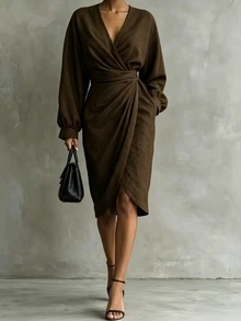 SHEIN Solid Surplice Neck Lantern Sleeve Wrap Hem Midi Dress - Dark Brown - View 1