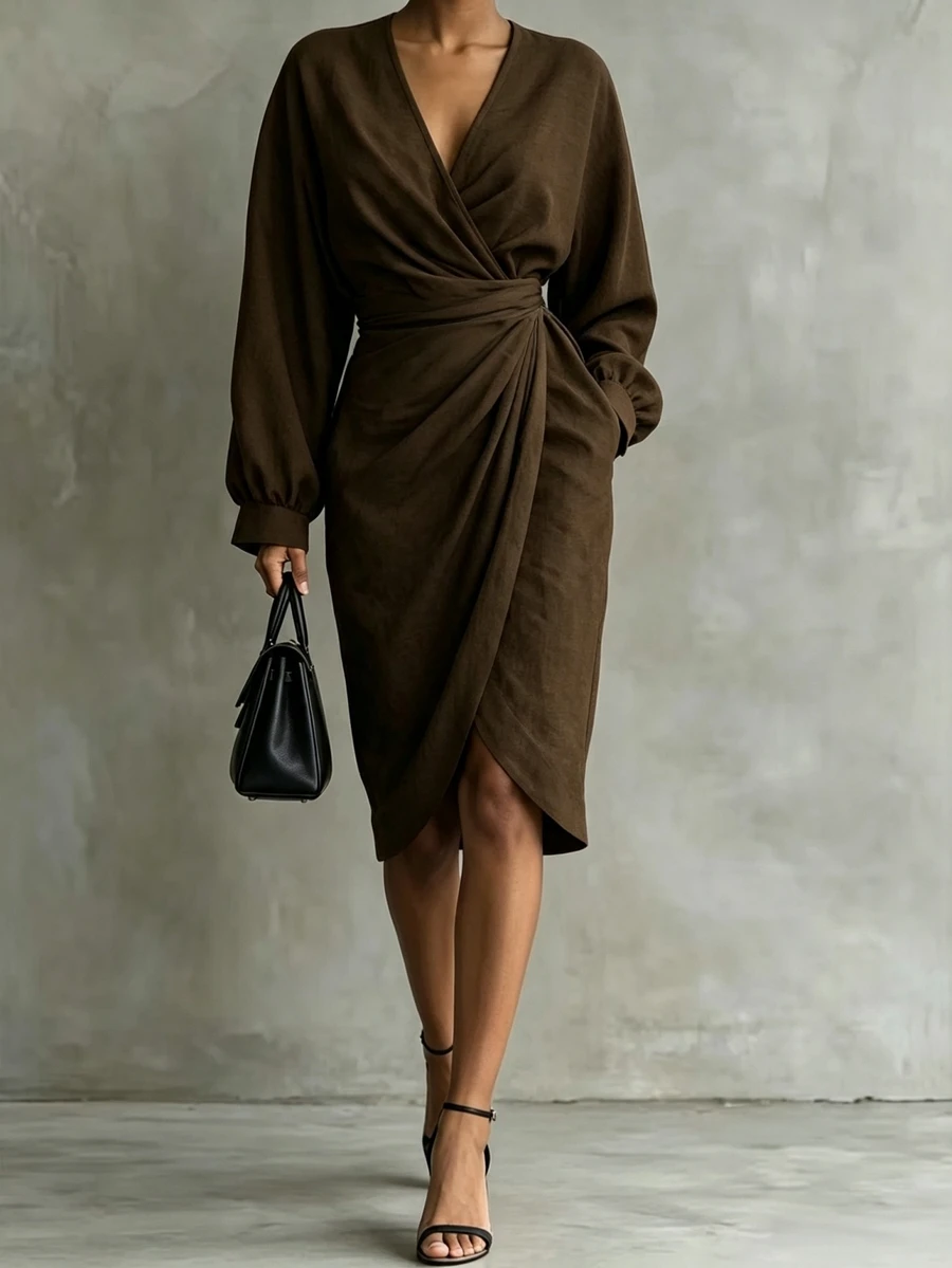 SHEIN Solid Surplice Neck Lantern Sleeve Wrap Hem Midi Dress - Dark Brown - View 1