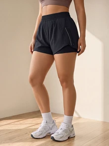 SHEIN Rhythm Era 大码女式夏季弹力腰带撞色滚边宽松运动短裤 - 黑色 - 查看 2