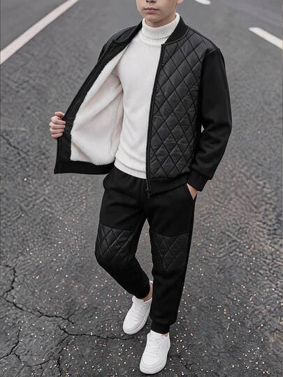 SHEIN 2pcs Kids Tween Boy Fleece Lined Brushed Thick Diamond Pattern Composite Fleece Lined Jacket Baseball Jacket Winter Coat Plus Casual Cargo Patchwork Fleece Lined Pants Set Suitable For Winter Commuting School Daily Casual Vacation Travel