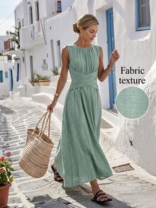 Louniche Women's Casual Sage Green Sleeveless Dress,Criss-Cross Waist Design,Minimalist Summer Tropical Holiday Tea Party Vacation,Elegant Daily Wear Holiday - Mint Green - View 3