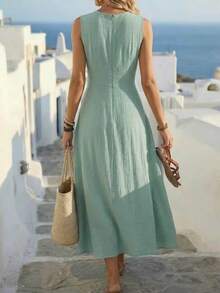 Louniche Women's Casual Sage Green Sleeveless Dress,Criss-Cross Waist Design,Minimalist Summer Tropical Holiday Tea Party Vacation,Elegant Daily Wear Holiday - Mint Green - View 2
