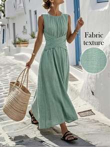 Louniche Women's Casual Sage Green Sleeveless Dress,Criss-Cross Waist Design,Minimalist Summer Tropical Holiday Tea Party Vacation,Elegant Daily Wear Holiday - Mint Green - View 4