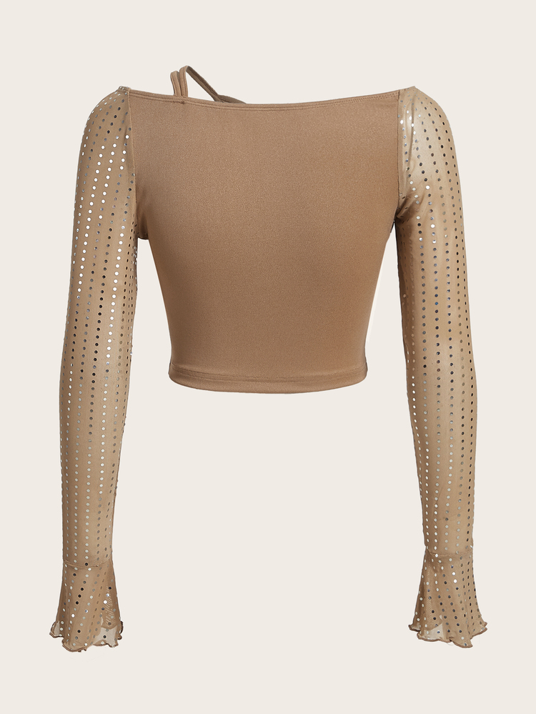 SHEIN X KeniaOs SHEIN ICON Sequin Detail Asymmetrical Neck Cut Out Front Crop Tee - Apricot - View 6