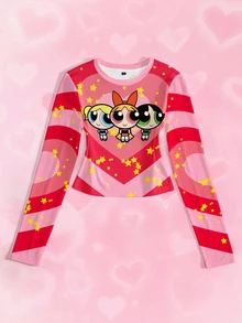 THE POWERPUFF GIRLS X SHEIN 女款星星印花長袖T恤 - 白色 - 查看 3