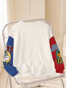 LOONEY TUNES X SHEIN 大尺碼女款字母卡通印花休閒日常圓領衛衣 - 白色 - 查看 2