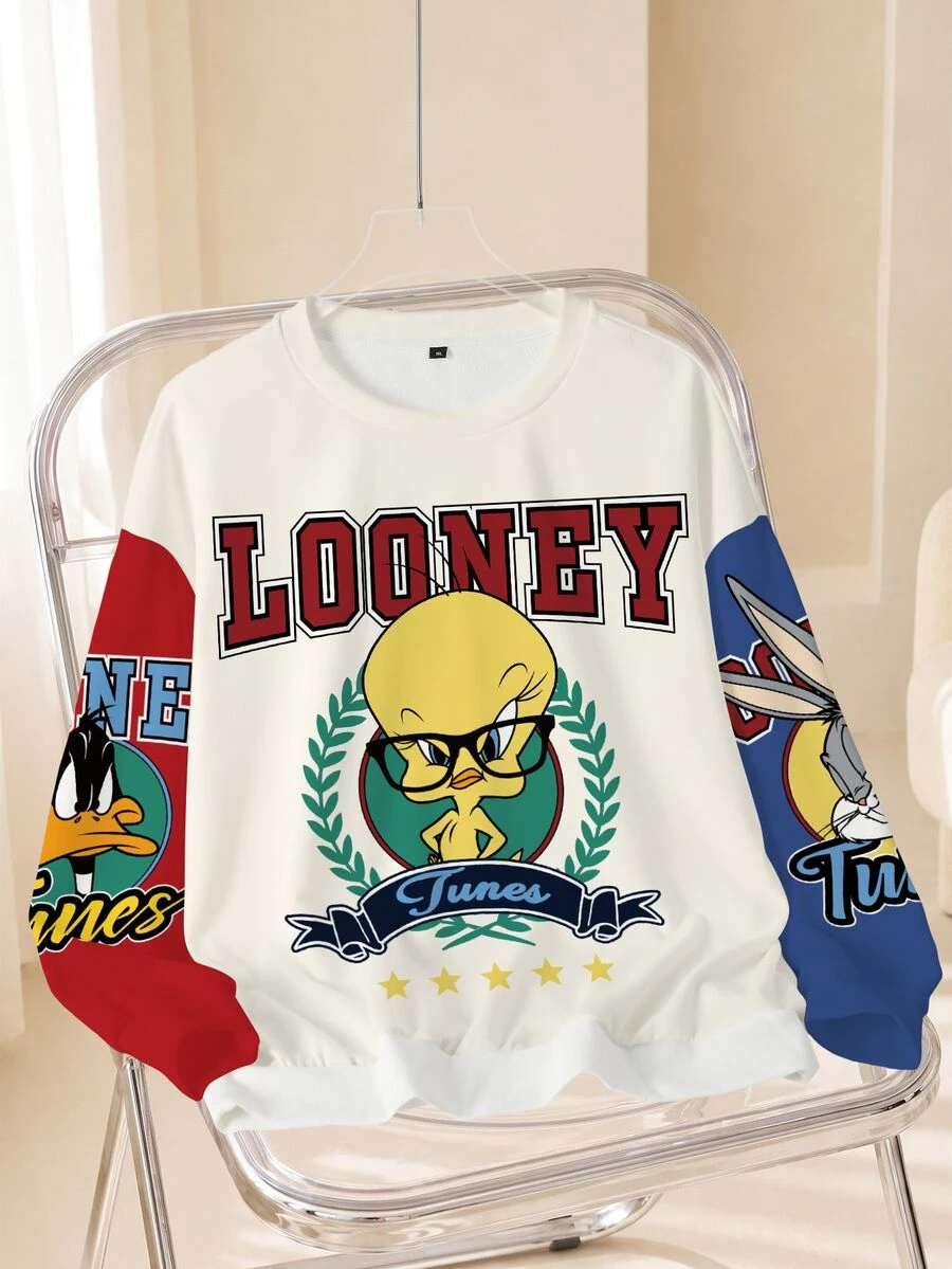 LOONEY TUNES X SHEIN 大尺碼女款字母卡通印花休閒日常圓領衛衣 - 白色 - 查看 1