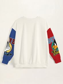 LOONEY TUNES X SHEIN 大尺碼女款字母卡通印花休閒日常圓領衛衣 - 白色 - 查看 4