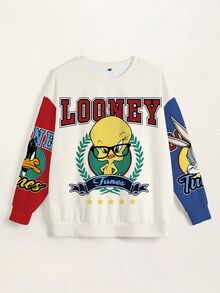 LOONEY TUNES X SHEIN 大尺碼女款字母卡通印花休閒日常圓領衛衣 - 白色 - 查看 3
