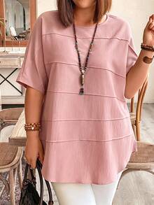 Plus Size Women Fashionable Simple Loose Solid Short-Sleeved Shirt Fall - Dusty Pink - View 1