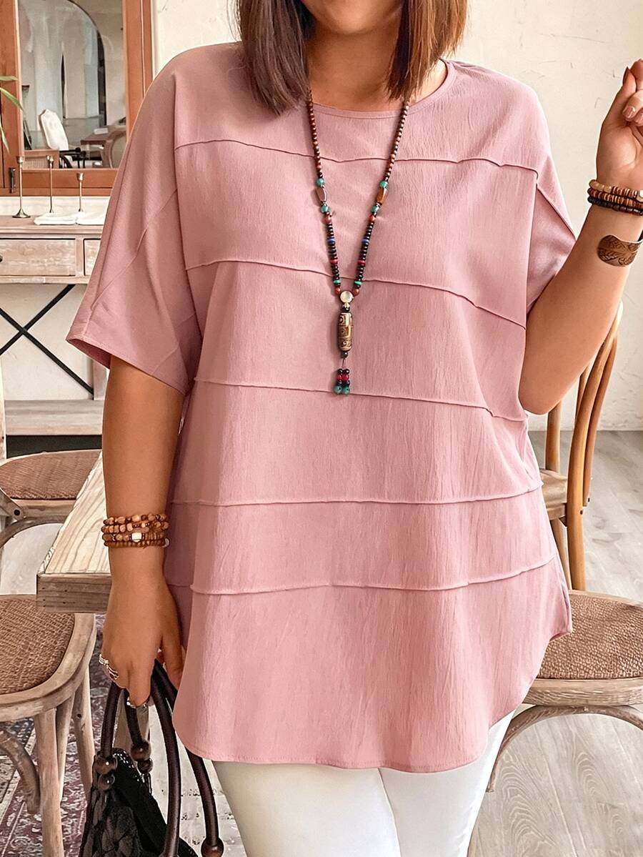 Plus Size Women Fashionable Simple Loose Solid Short-Sleeved Shirt Fall - Dusty Pink - View 1