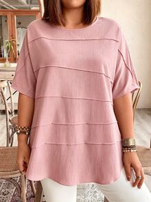 Plus Size Women Fashionable Simple Loose Solid Short-Sleeved Shirt Fall - Dusty Pink - View 5