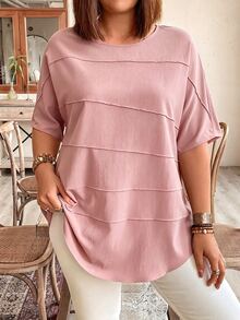 Plus Size Women Fashionable Simple Loose Solid Short-Sleeved Shirt Fall - Dusty Pink - View 4