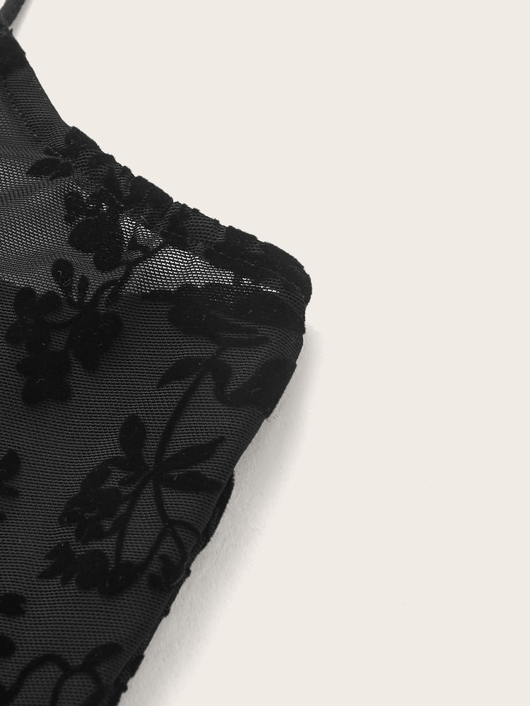 SHEIN ICON Floral Print Knot Front Mesh Cami Top - Black - View 4