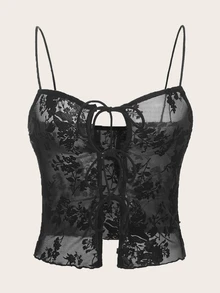 SHEIN ICON Floral Print Knot Front Mesh Cami Top - Black - View 5