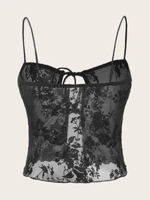SHEIN ICON Floral Print Knot Front Mesh Cami Top - Black - View 2