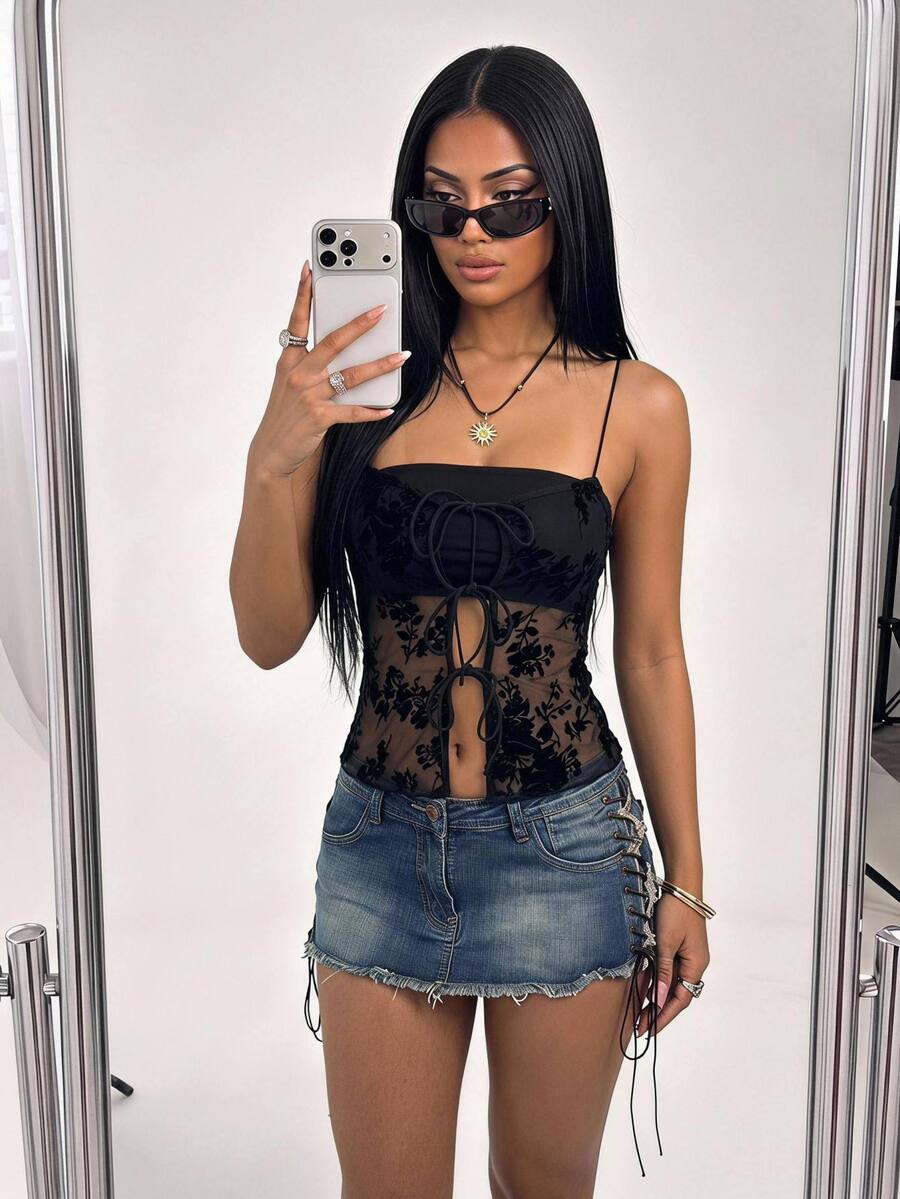 SHEIN ICON Floral Print Knot Front Mesh Cami Top - Black - View 1