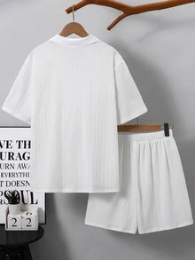 SHEIN 青少年男孩 2件組紋理布料 Polo 衫與短褲套裝，全白夏季家庭度假休閒風，適合戶外玩耍、派對 - 白色 - 查看 2