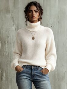 Calvaya Women's Turtleneck Knitted Solid Color Sweater Fall Winter - Red - View 1