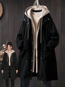 EMERY ROSE Jaket Kasual Wanita Ukuran Besar dengan Tudung dan Blok Warna untuk Perjalanan Sehari-hari - Hitam - View 1