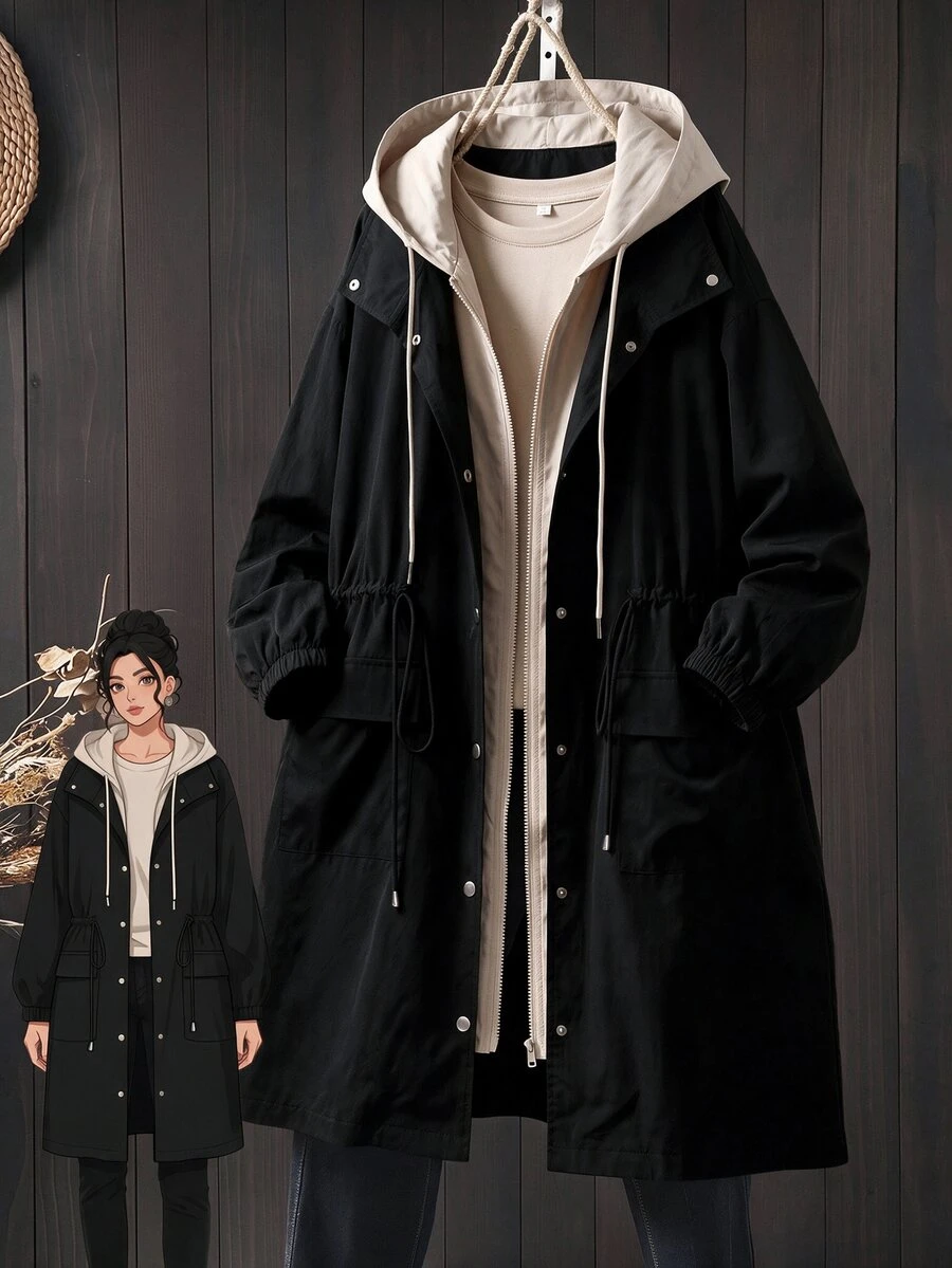 EMERY ROSE Jaket Kasual Wanita Ukuran Besar dengan Tudung dan Blok Warna untuk Perjalanan Sehari-hari - Hitam - View 1