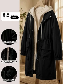 EMERY ROSE Jaket Kasual Wanita Ukuran Besar dengan Tudung dan Blok Warna untuk Perjalanan Sehari-hari - Hitam - View 3
