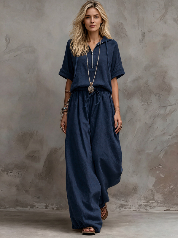 SHEIN Women's Spring/Summer Minimalist Boho Casual Versatile Half-Zip Short Sleeve Hooded Loose Top Elastic Waist Long Pants 2-Piece Set Vacation Navy Blue