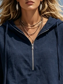 SHEIN 女款春夏極簡波希米亞休閒百搭半拉鍊短袖連帽寬鬆上衣＋鬆緊腰長褲兩件套 度假海軍藍 - 藏蓝色 - 查看 6