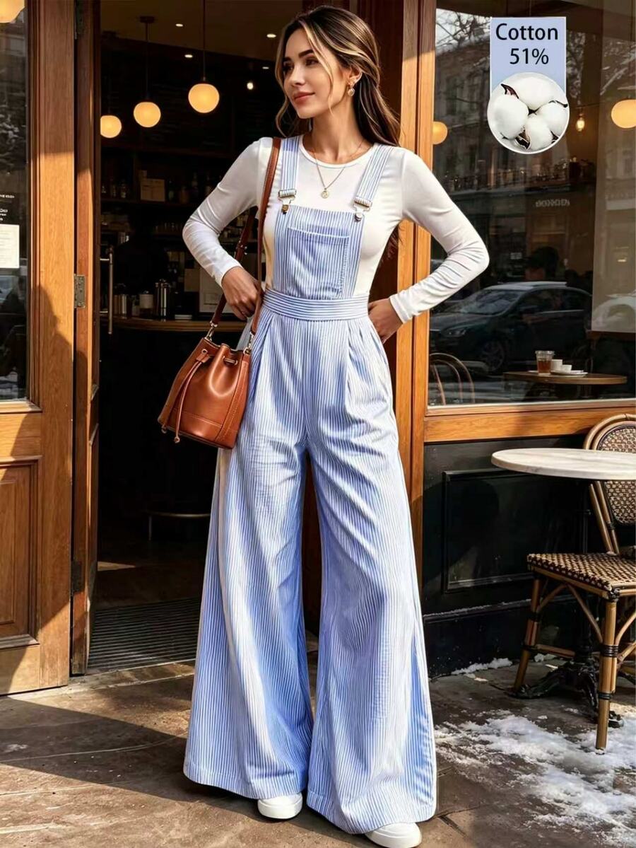 Cévolie Women's Striped Pocket Loose Wide Leg Casual Jumpsuit - Blue - View 1