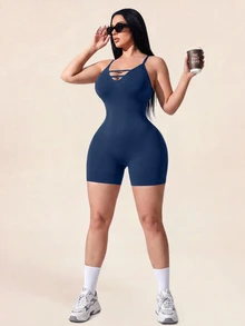 SHEIN Rhythm Era Plus Size Women Solid Color Criss Cross Back Strap Sports Romper Sports Gym Navy Blue Summer - Navy Blue - View 4