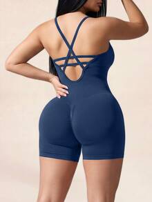 SHEIN Rhythm Era Plus Size Women Solid Color Criss Cross Back Strap Sports Romper Sports Gym Navy Blue Summer - Navy Blue - View 2