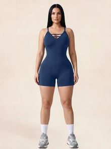 SHEIN Rhythm Era Plus Size Women Solid Color Criss Cross Back Strap Sports Romper Sports Gym Navy Blue Summer - Navy Blue - View 3