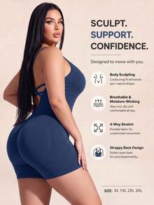 SHEIN Rhythm Era Plus Size Women Solid Color Criss Cross Back Strap Sports Romper Sports Gym Navy Blue Summer - Navy Blue - View 1
