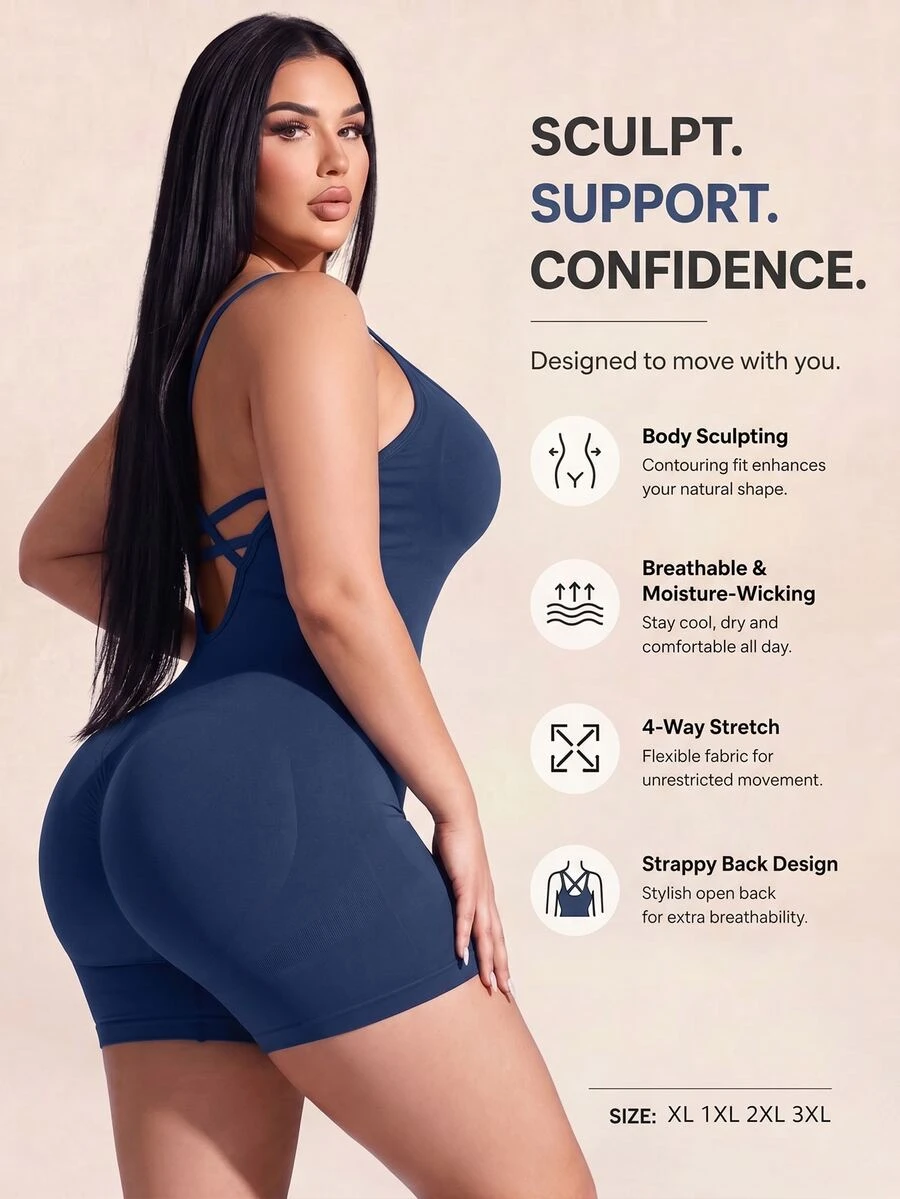 SHEIN Rhythm Era Plus Size Women Solid Color Criss Cross Back Strap Sports Romper Sports Gym Navy Blue Summer - Navy Blue - View 1