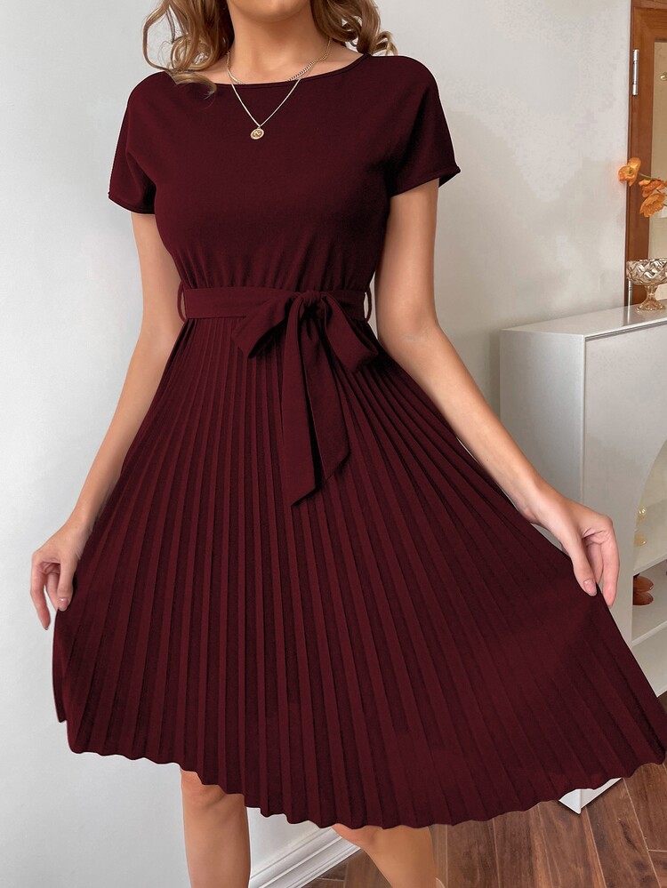 Calvaya Pleated Hem Self Belted Dress Burgundy Color Women Outfit - Burgundy - View 2