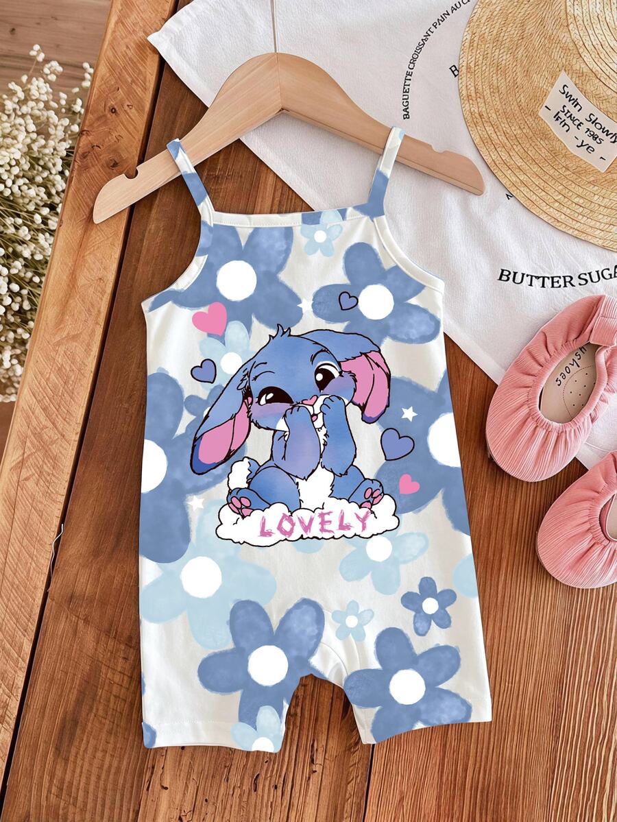 女童休閒夏季隨機1件裝可愛家庭套裝卡哇伊卡通兔子 Lulu & Stitch 圖案,藍色漸層花卉圖案女童連身褲嬰兒 - 彩色 - 查看 1