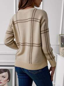 Calvaya Plaid Pattern Drop Shoulder Sweater,Long Sleeve Tops Knit Pullover Fall Winter Sweater - Apricot - View 3
