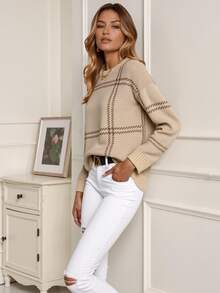Calvaya Plaid Pattern Drop Shoulder Sweater,Long Sleeve Tops Knit Pullover Fall Winter Sweater - Apricot - View 6