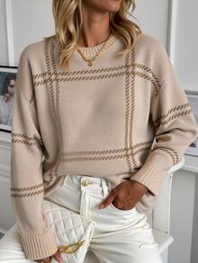 Calvaya Plaid Pattern Drop Shoulder Sweater,Long Sleeve Tops Knit Pullover Fall Winter Sweater - Apricot - View 2