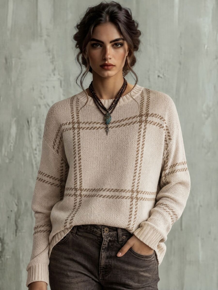 Calvaya Plaid Pattern Drop Shoulder Sweater,Long Sleeve Tops Knit Pullover Fall Winter Sweater - Apricot - View 1