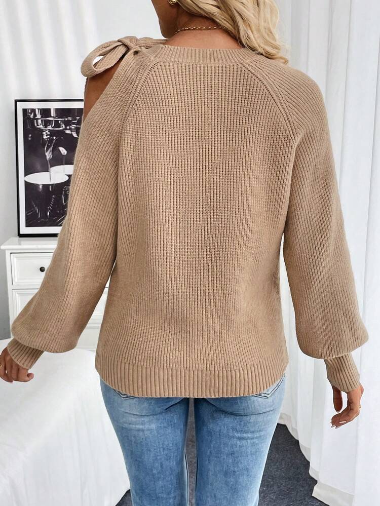 Calvaya Women's Solid Color Asymmetric Tie Shoulder Long Sleeve Sweater, Autumn/Winter, Knit Pullover Fall - Khaki - View 3